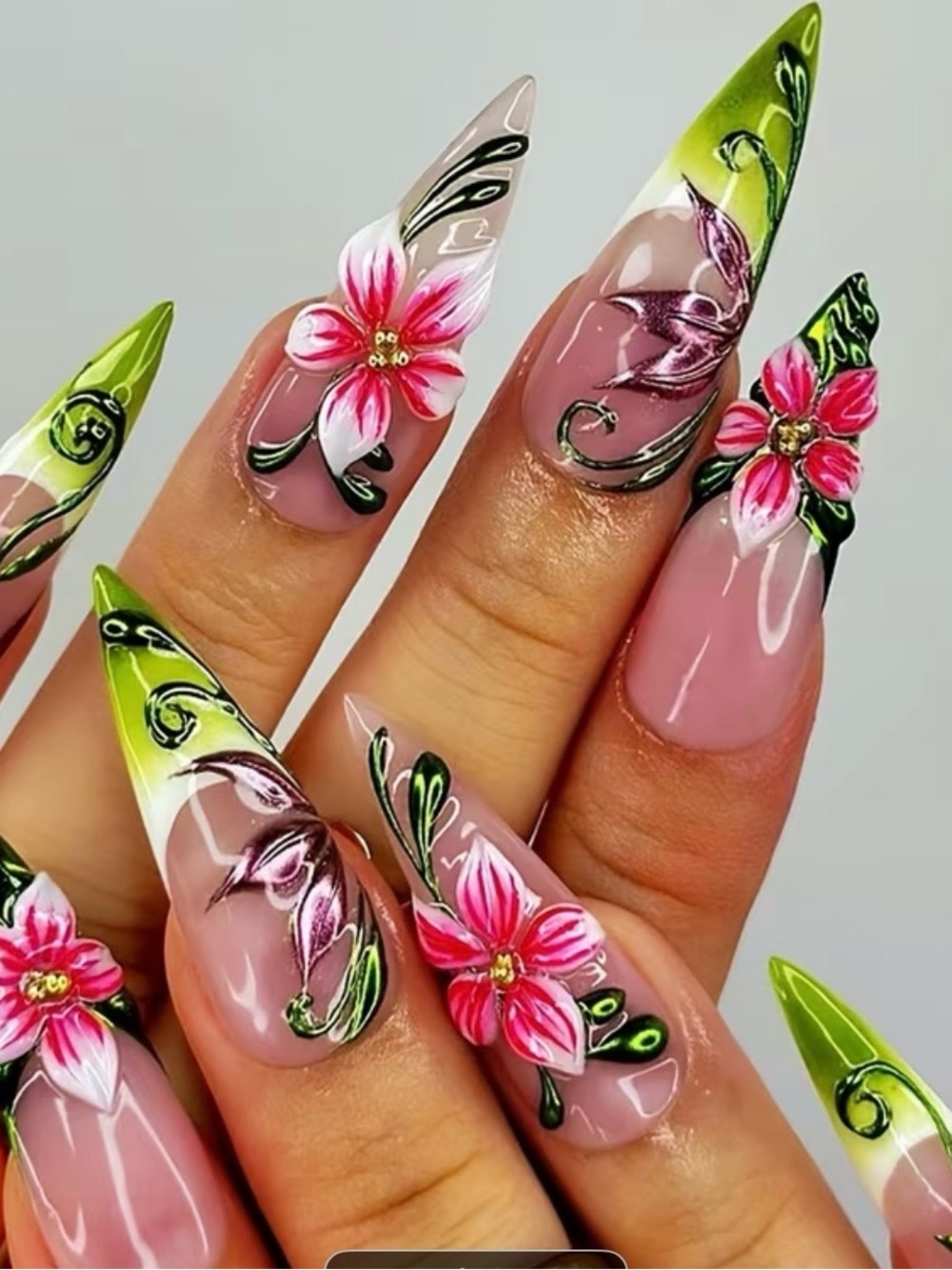 Pink Floral Stiletto Acrylic Nails with Green Ombre Tips